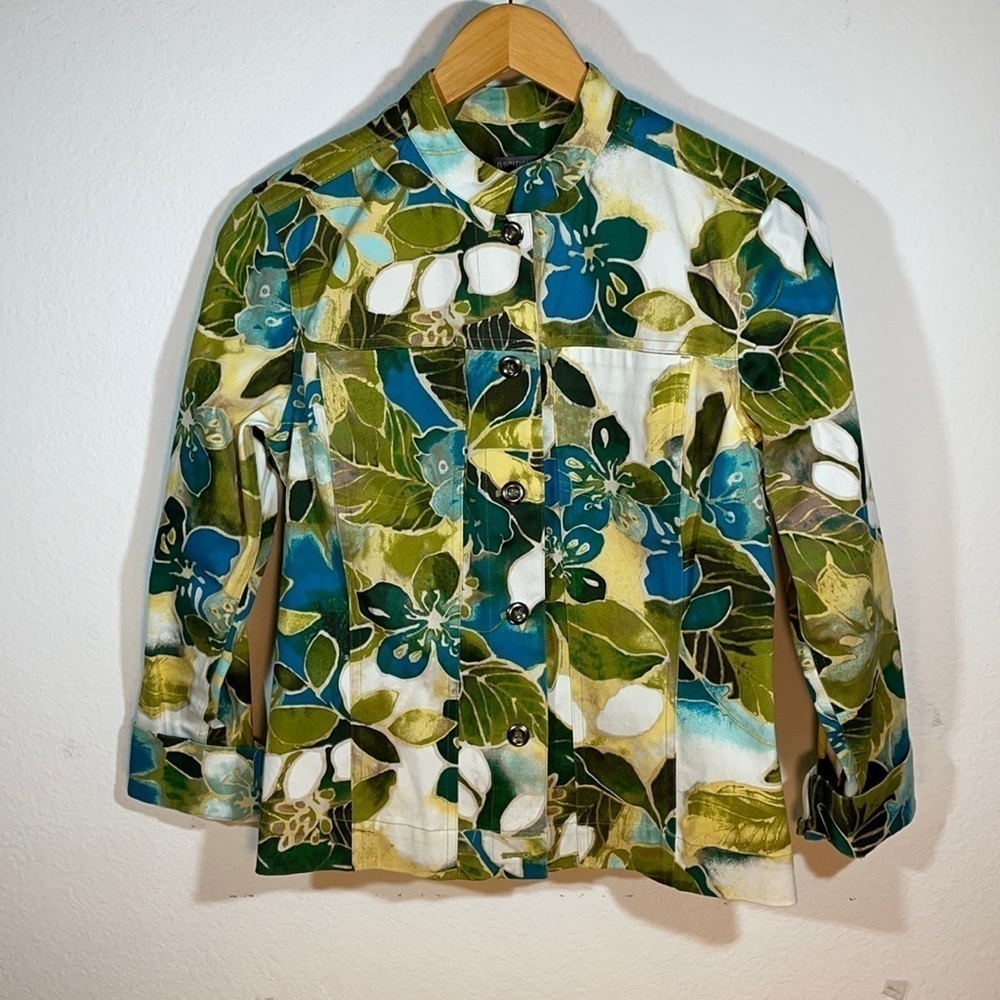 Chicos Additions Floral Jacket Size 0 S Cotton Lined Blue Green Tropical